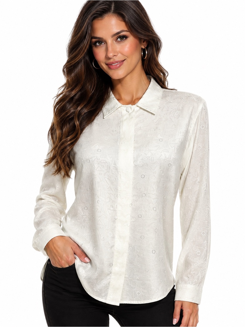 Jac Dale Women’s Size 8/38 Ivory Textured Long Sleeve Button Front Blouse